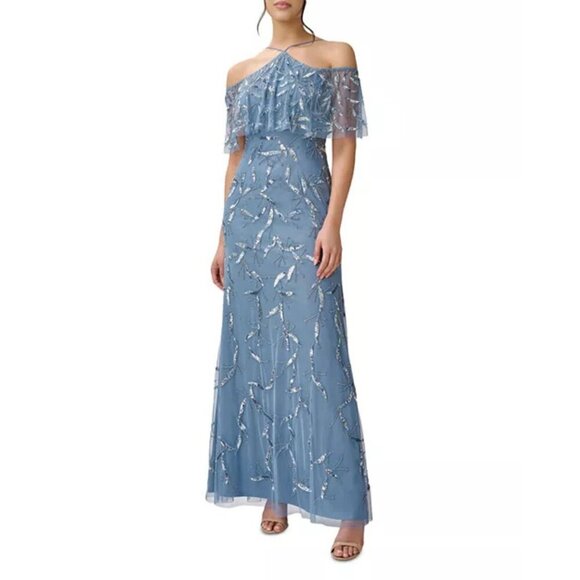 New! Aidan Mattox Blue Embellished Off-the-Shoulder Halter Gown 26753 - Picture 3 of 16